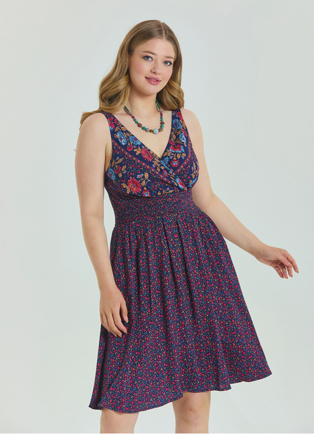 V Neck Robe Pink Floral Patterned Plus Size Dress 4584